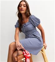 Women's Blue Gingham Print Crinkle Jersey Milkmaid Mini Dress New Look