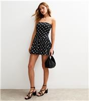 Women's Black Polka Dot Print Crinkled Texture Bandeau Mini Dress New Look