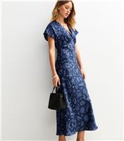 Women's Navy Shell Print Satin V-Neck Midi Dress New Look