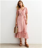 Women's Pink Rose Print Chiffon Wrap Midi Dress New Look