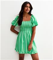 Women's Green Striped Puff Sleeve Mini Dress New Look