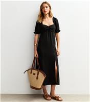 Women's Black Milkmaid Puff Sleeve Midi Dress New Look