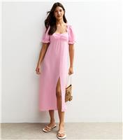 Women's Pink Milkmaid Puff Sleeve Midi Dress New Look