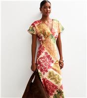 Women's Orange Patchwork Leaf Print Satin Midi Dress New Look