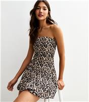 Women's Brown Leopard Print Crinkle Texture Bandeau Mini Dress New Look