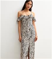 Women's Brown Leopard Print Frill Trim Cold Shoulder Midi Dress New Look