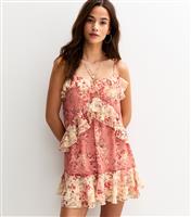 Women's Pink Floral Print Ruffle Trim Chiffon Mini Dress New Look
