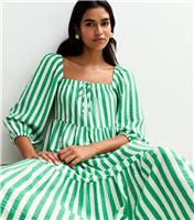 Women's Green Stripe Print Tiered Hem Midi Dress New Look