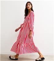 Women's Red Stripe Print Tiered Hem Midi Dress New Look