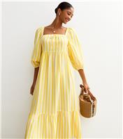 Women's Yellow Stripe Print Tiered Hem Midi Dress New Look