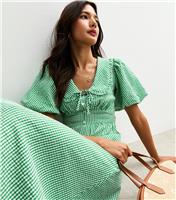 Women's Green Gingham Crinkled Texture Collared Puff Sleeve Midi Dress New Look