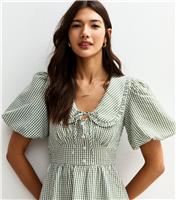 Women's Green Gingham Crinkle Texture Collared Puff Sleeve Mini Dress New Look