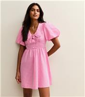 Women's Pink Gingham Crinkle Texture Collared Puff Sleeve Mini Dress New Look
