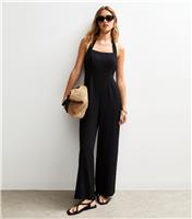 Women's Black Linen Look Halterneck Wide Leg Jumpsuit New Look
