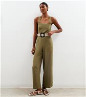 Women's Dark Khaki Linen Look Halterneck Wide Leg Jumpsuit New Look