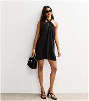 Women's Black Linen Look Halterneck Mini Dress New Look