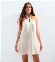 Women's Stone Linen Look Halterneck Mini Dress New Look