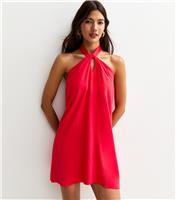 Women's Red Linen Look Halterneck Mini Dress New Look