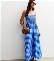 Women's Blue Checked Bandeau Midi Dress New Look