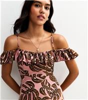 Women's Pink Leaf Print Cold Shoulder Frill Trim Midi Dress New Look