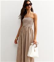 Women's Brown Gingham Check Bandeau Midi Dress New Look