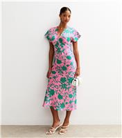 Women's Pink Floral Print Satin V-Neck Midi Dress New Look