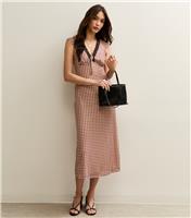 Women's Brown Check Print Sleeveless Lace Trim Mesh Midi Dress New Look