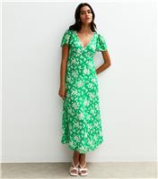 Women's Green Floral Print Chiffon Midi Dress New Look