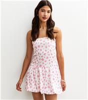 Women's White Floral Print Crinkled Texture Bandeau Mini Dress New Look