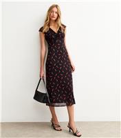 Women's Black Chilli Print Cap Sleeve Mesh Midi Dress New Look