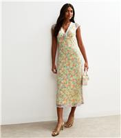Women's Yellow Floral Print Mesh Midi Dress New Look
