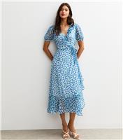 Women's Blue Floral Print Chiffon Wrap Midi Dress New Look