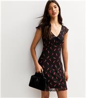 Women's Black Chilli Print V-Neck Mesh Mini Dress New Look
