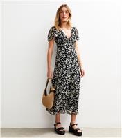 Women's Black Daisy Print Flutter Sleeve Chiffon Midi Dress New Look