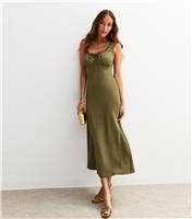 Women's Khaki Crinkled Texture Lace Trim Milkmaid Midi Dress New Look