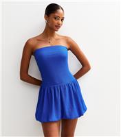 Women's Bright Blue Textured Bubble Hem Bandeau Mini Dress New Look
