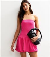 Women's Bright Pink Textured Bubble Hem Bandeau Mini Dress New Look