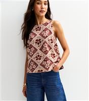 Women's Brown Hibiscus Tile Print Sleeveless Top New Look