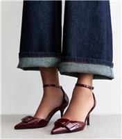 Women's Dark Burgundy Faux Patent Leather Buckle Strap Open Court Shoes Vegan New Look
