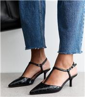 Women's Black Faux Leather Snakeskin Effect Kitten Heel Slingback Pumps Vegan New Look