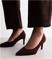 Women's Dark Brown Faux Suede Pointed Toe Court Shoes Vegan New Look