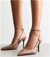 Women's Mink Faux Patent Leather Cut Out Pointed Toe Slingback Pumps Vegan New Look