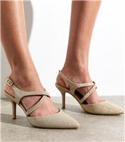 Women's Wide Fit Gold Shimmer Asymmetric Strap Stiletto Heel Court Shoes New Look