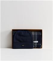 Men's Navy Blue Logo Beanie and Check Scarf Gift Set Jack & Jones New Look