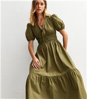 Women's Light Khaki Cotton V-Neck Midi Smock Dress New Look