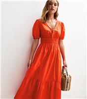Women's Orange Cotton V-Neck Midi Smock Dress New Look