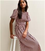 Women's Pink Cotton Striped Shirred Midi Dress New Look