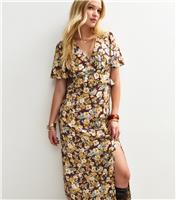 Women's Brown Floral Print Ruffle Trim Midi Dress New Look