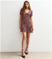 Women's Pink Ditsy Print Crinkle Texture V-Neck Mini Dress New Look