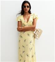 Women's Yellow Floral Print Flutter Sleeve Midi Dress New Look